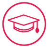 white circle with cranberry outline and icon of a graduation cap
