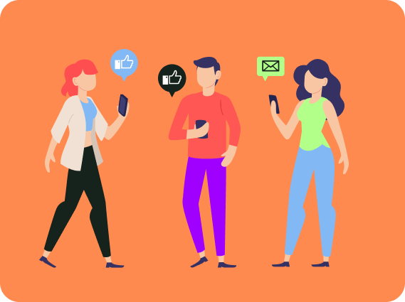 gráfico de un hombre y dos mujeres hablando por teléfono