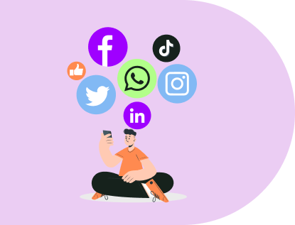 gráfico de hombre con las piernas cruzadas mirando el teléfono con iconos sociales sobre su cabeza